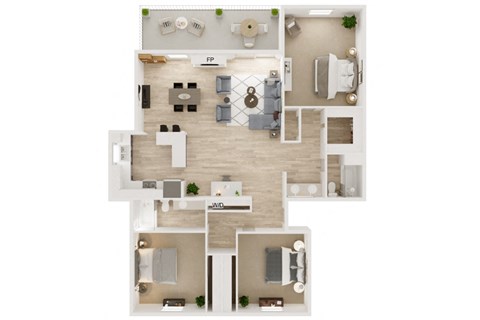 floor plan of a 3 bed/ 2 bath apartment